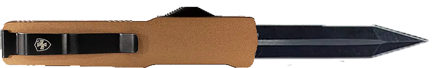 Tan and black out-the-front tactical knife