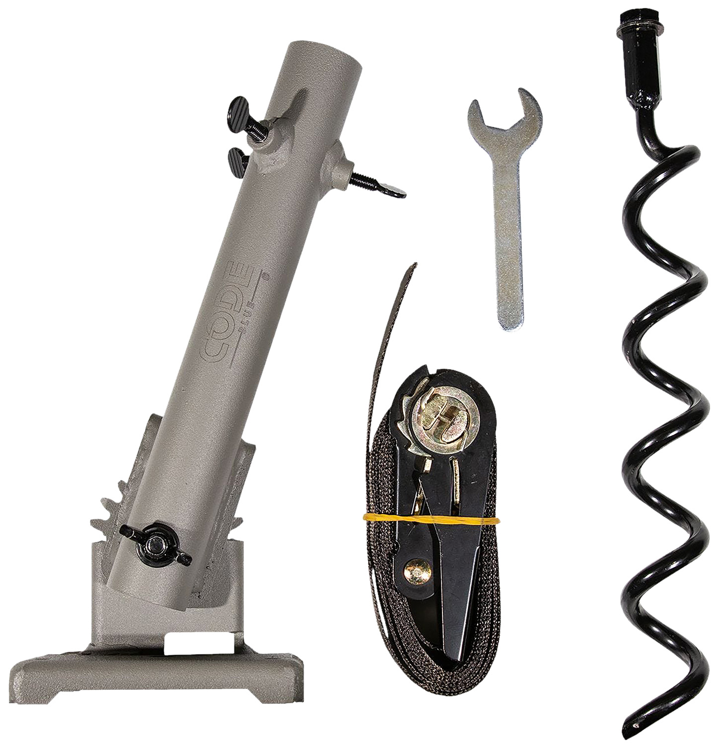 Manual drill stand with auger bit and tools