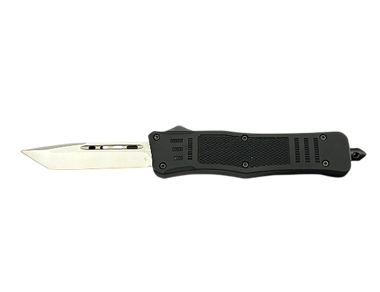 Black automatic knife with partially extended blade