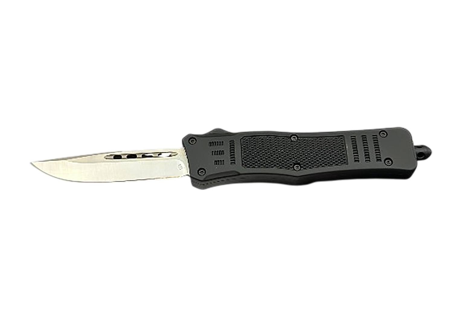 Black automatic knife with serrated blade