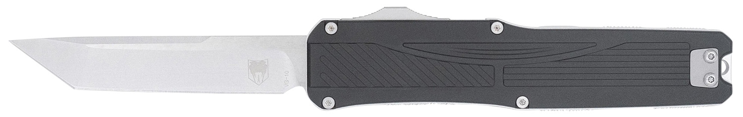 Black handled automatic knife with silver blade