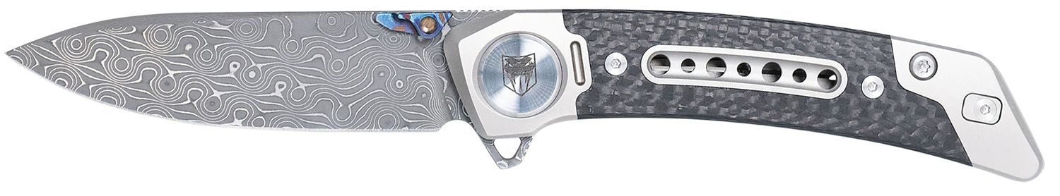 Damascus steel folding knife with carbon fiber handle