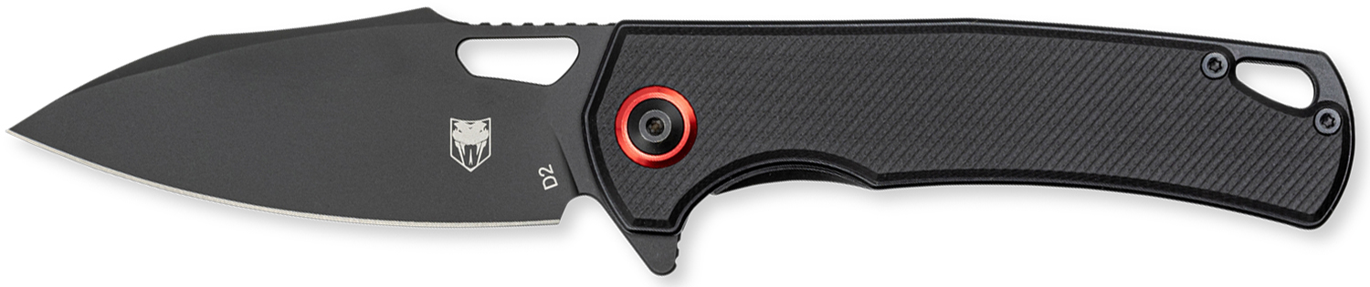 Black folding pocket knife with red pivot accent