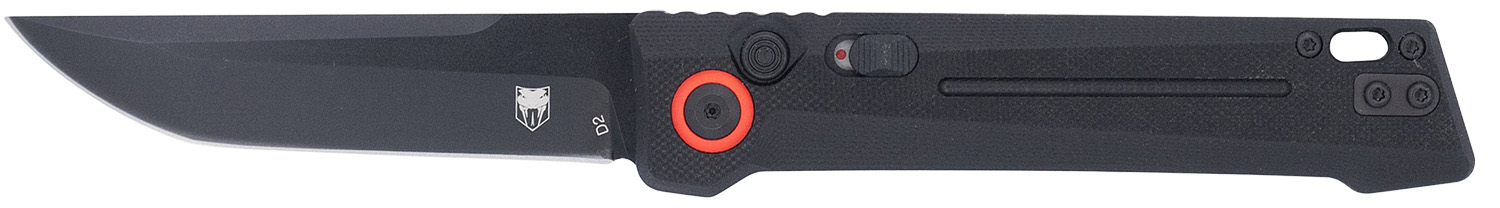 Black folding knife with red pivot ring
