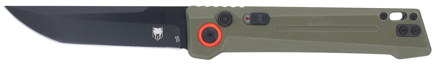 Black folding knife with olive green handle