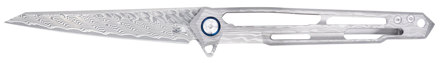 Damascus steel folding knife with skeletonized handle