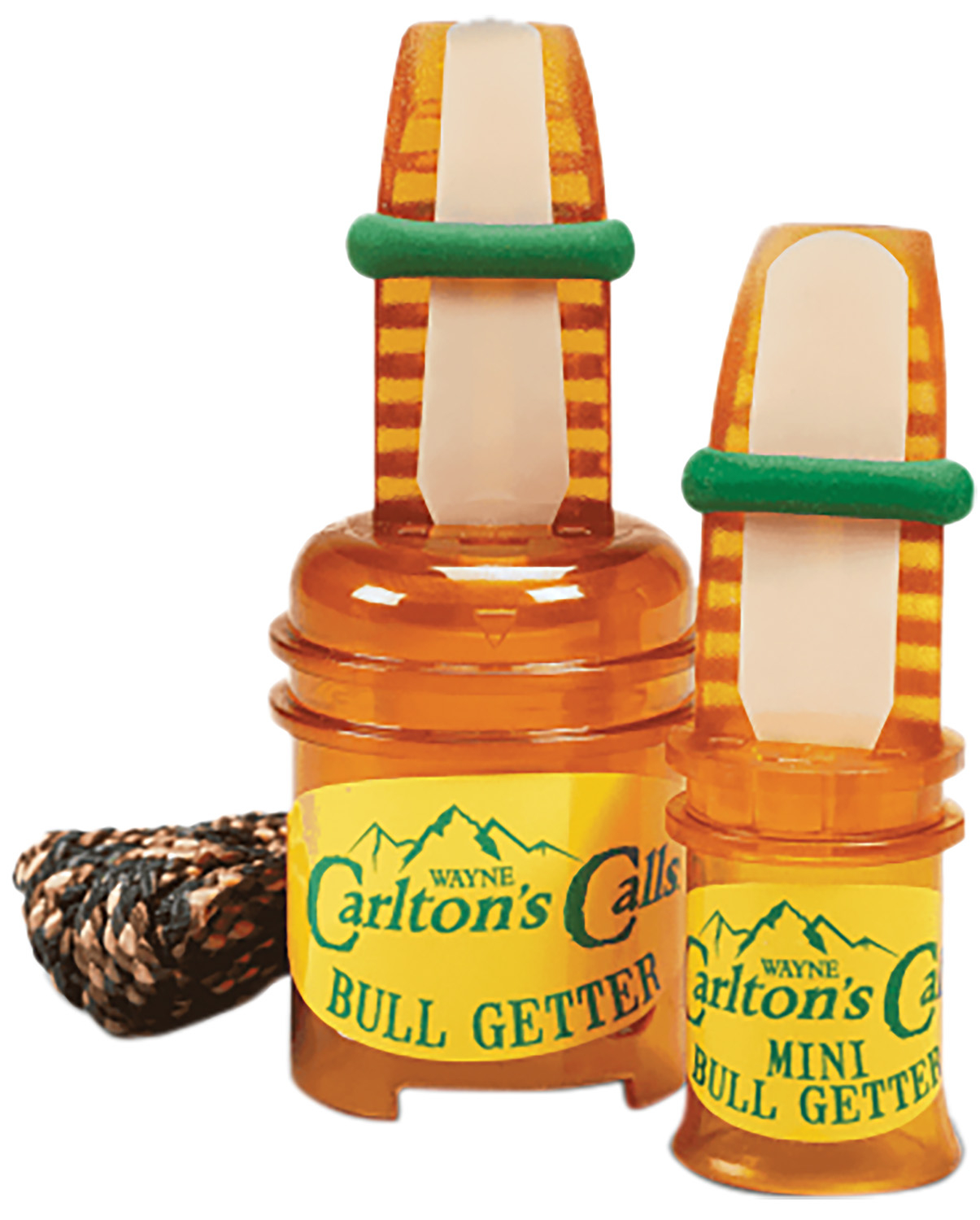 Two orange elk bugle calls with lanyards
