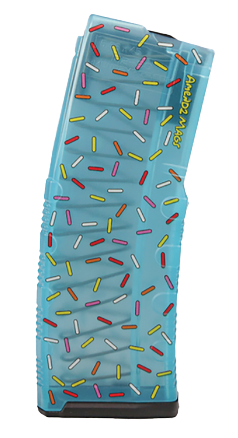 Blue translucent rifle magazine with colorful sprinkles