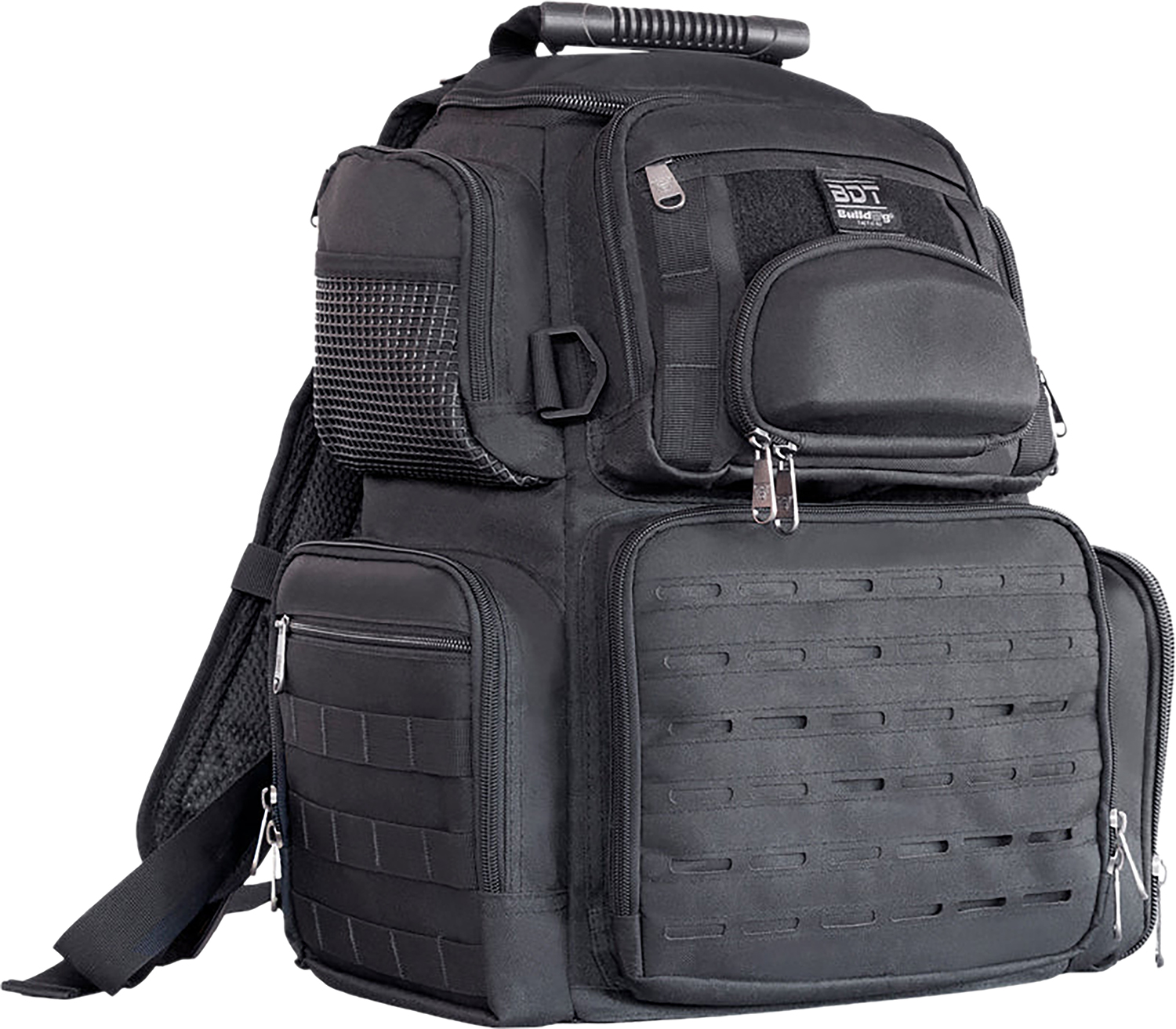 Black tactical backpack with multiple compartments