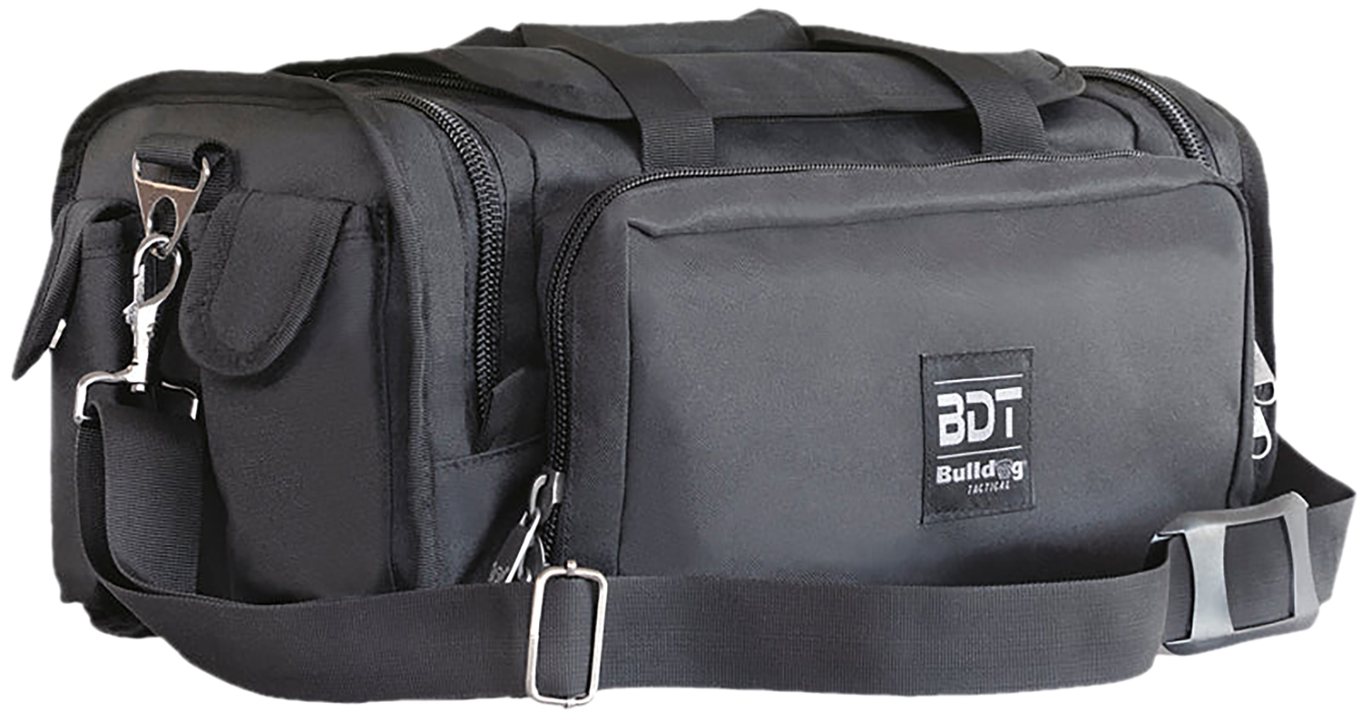 Black tactical duffel bag with shoulder strap