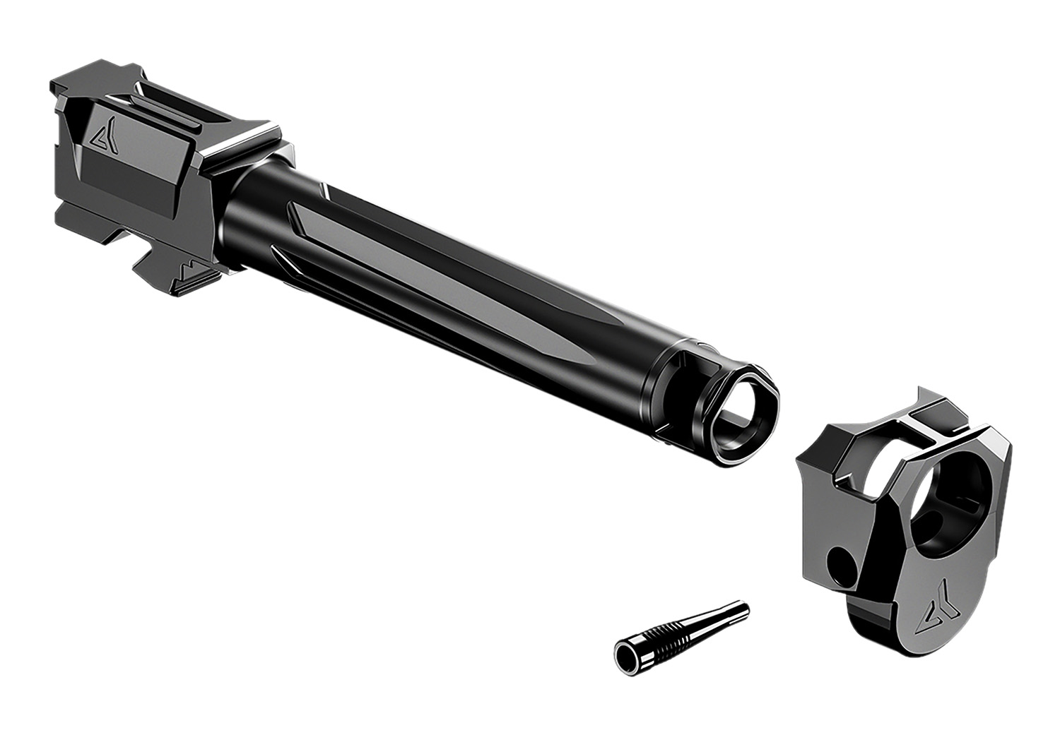Disassembled firearm components in black finish
