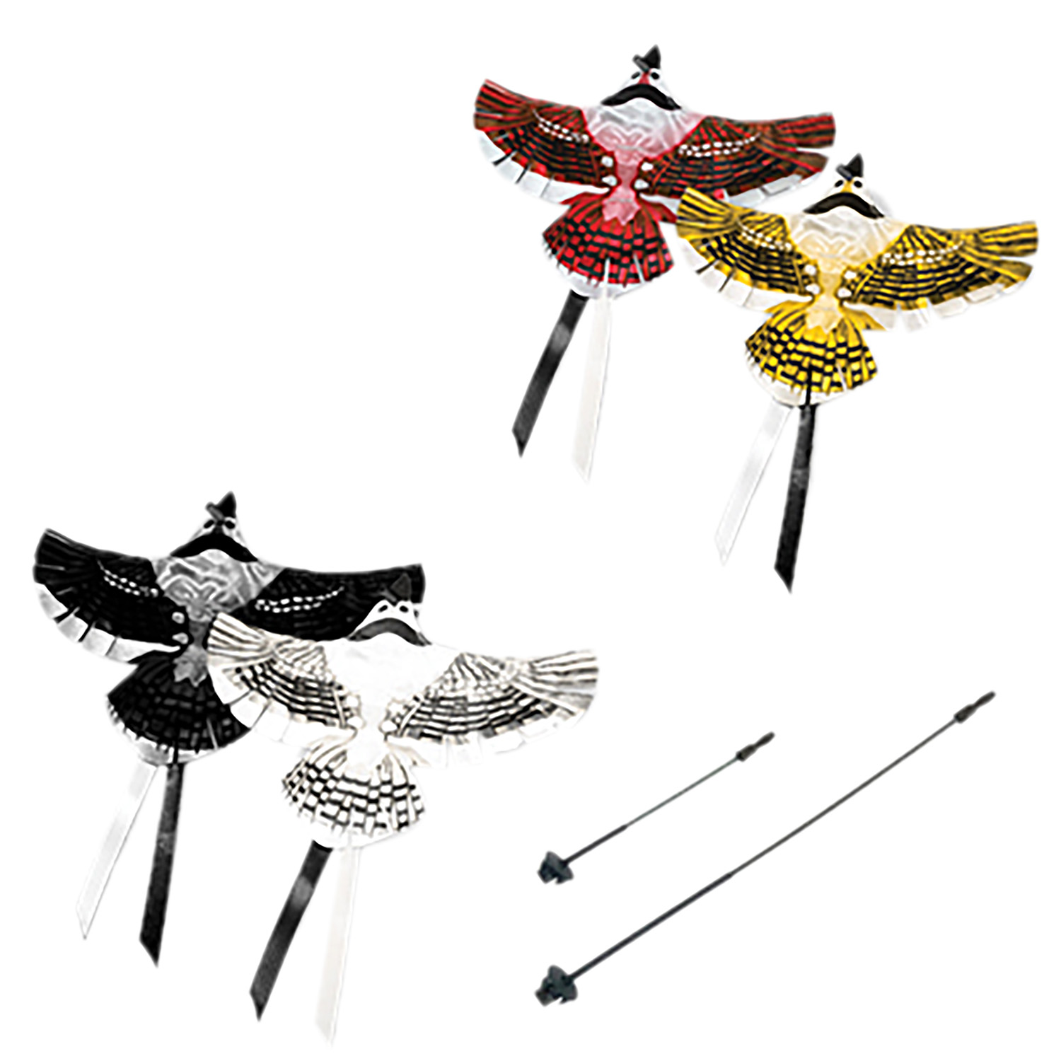 Colorful bird-shaped decorative wind ornaments on sticks