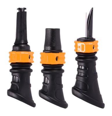 Three black and orange sealant applicator nozzles