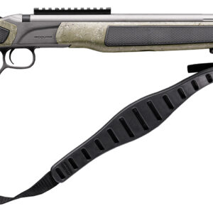 Camouflage rifle with sling on white background
