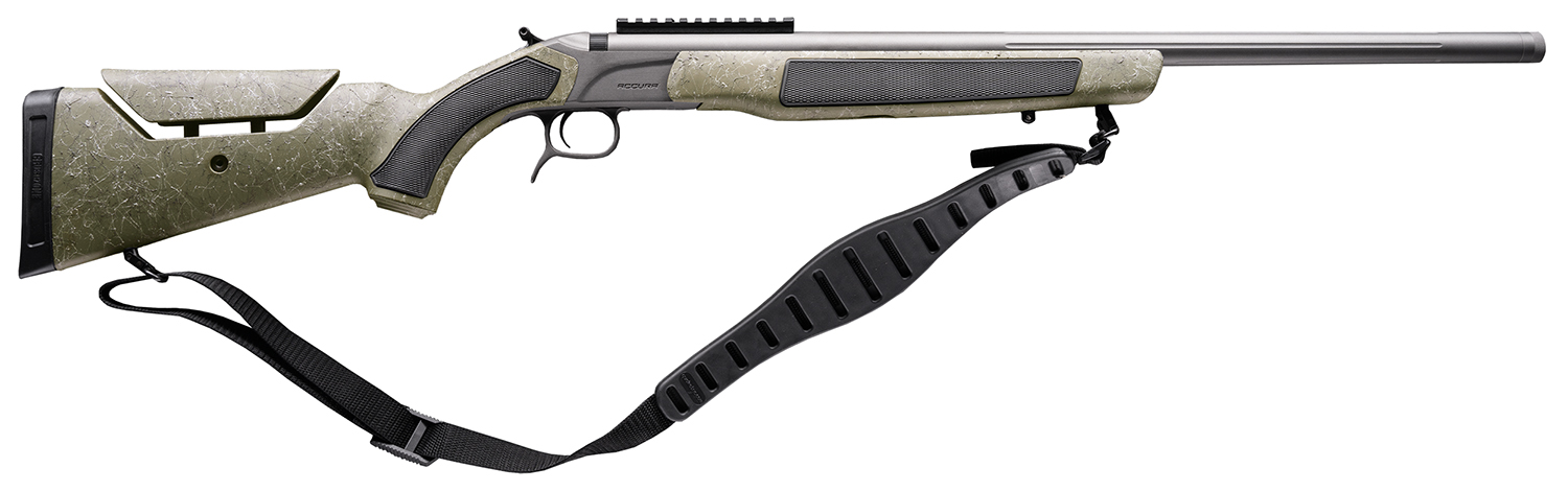 Camouflage rifle with sling on white background