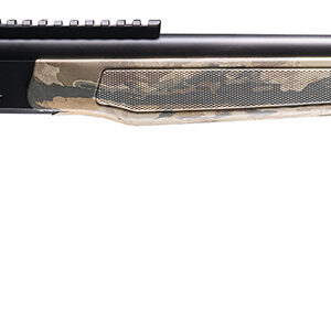 Camouflage bolt-action rifle on white background
