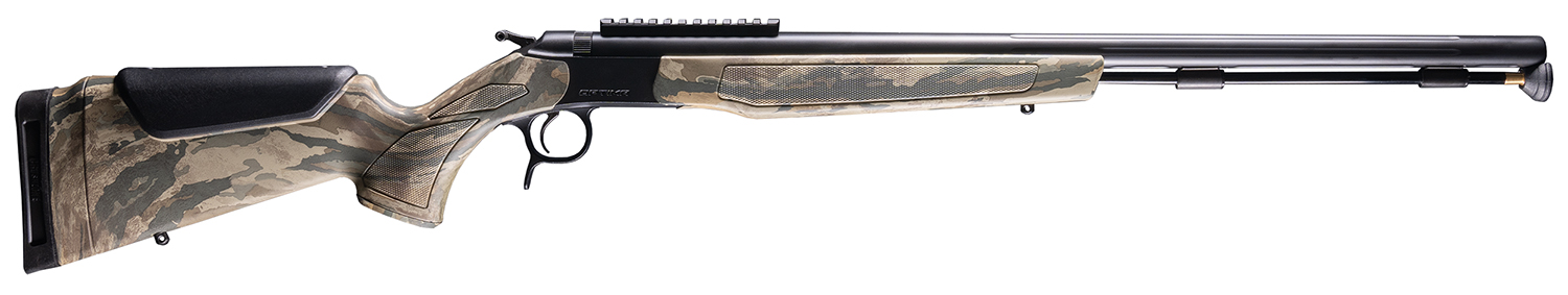 Camouflage bolt-action rifle on white background