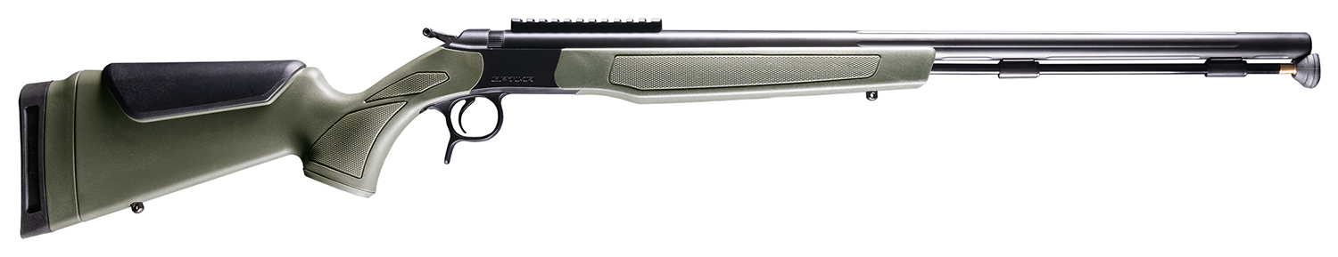 Side view of a green hunting rifle.