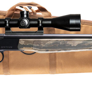 Camouflage bolt-action rifle with scope on case