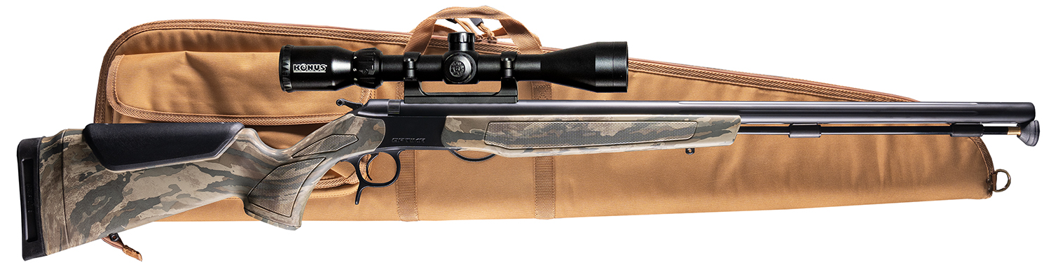 Camouflage bolt-action rifle with scope on case