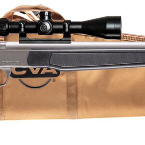 Scoped rifle resting on tan gun case