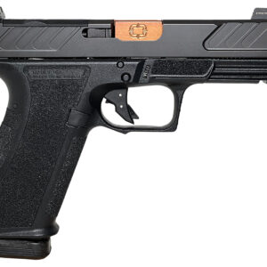 Black semi-automatic pistol with bronze barrel