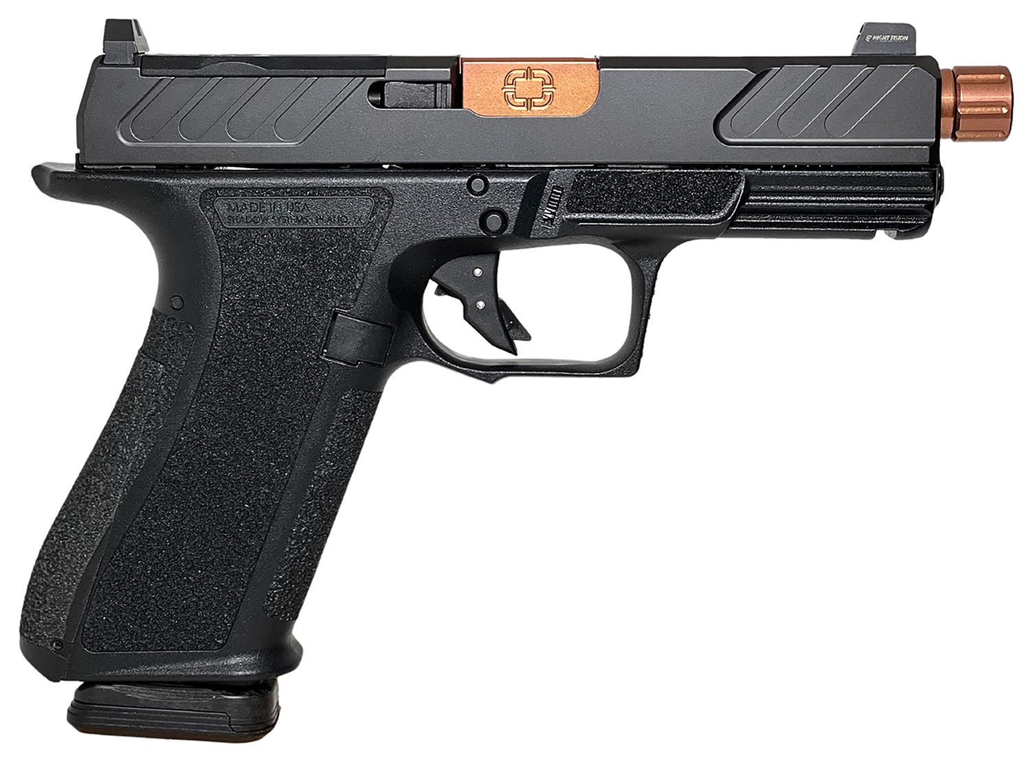 Black semi-automatic pistol with bronze barrel