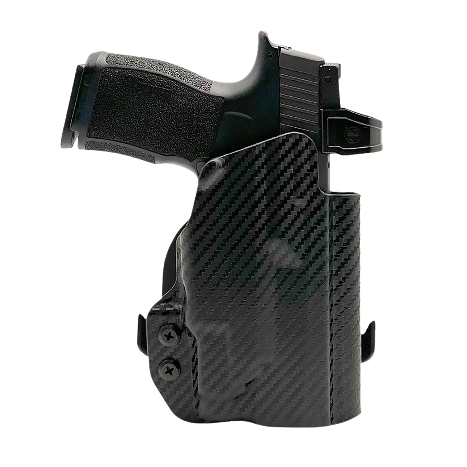 Handgun in carbon fiber holster on white background