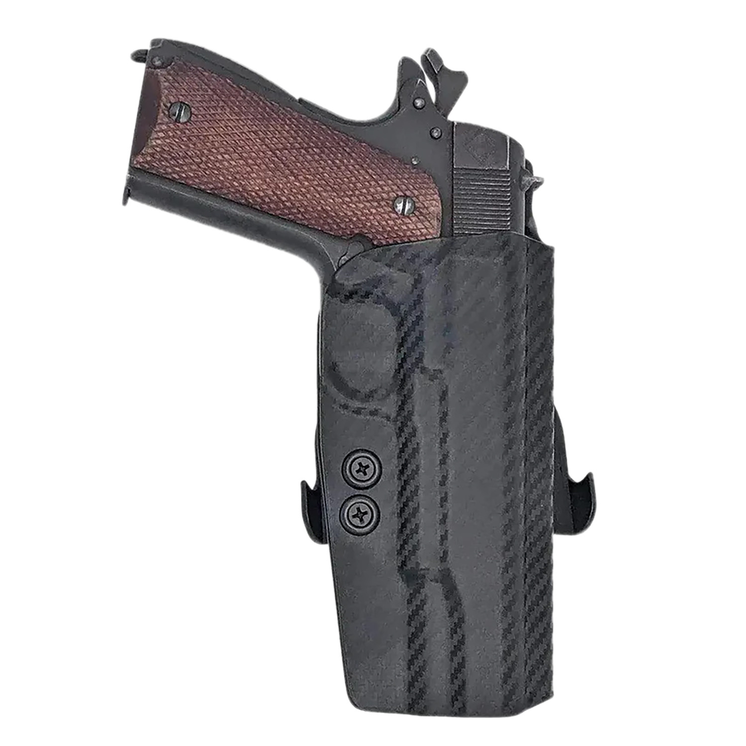 Handgun in black holster with wooden grip