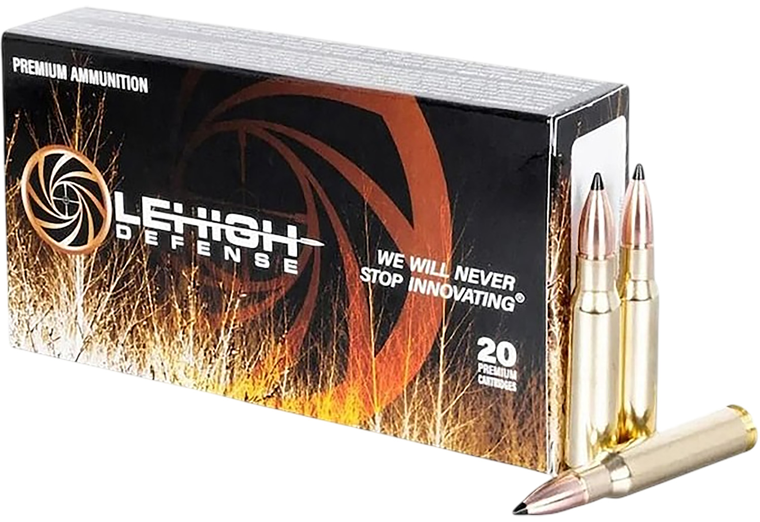Box of premium rifle ammunition with cartridges