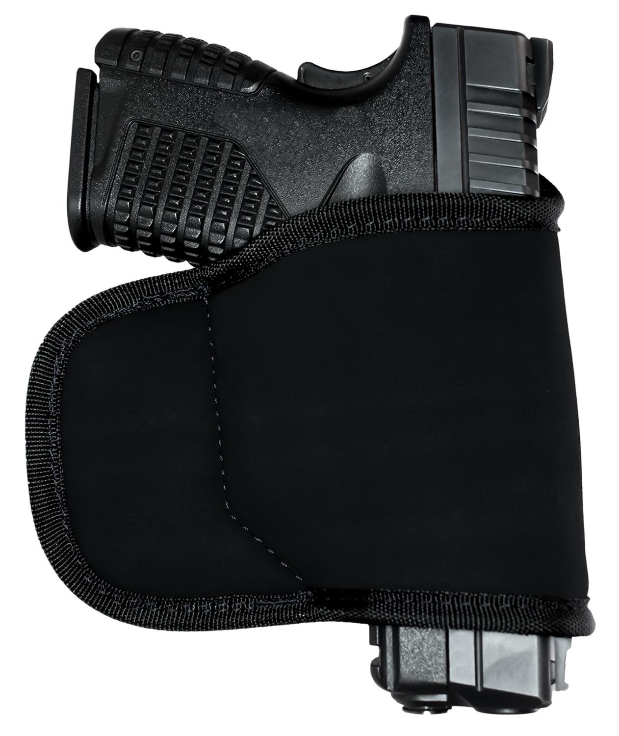 Handgun secured in black fabric holster