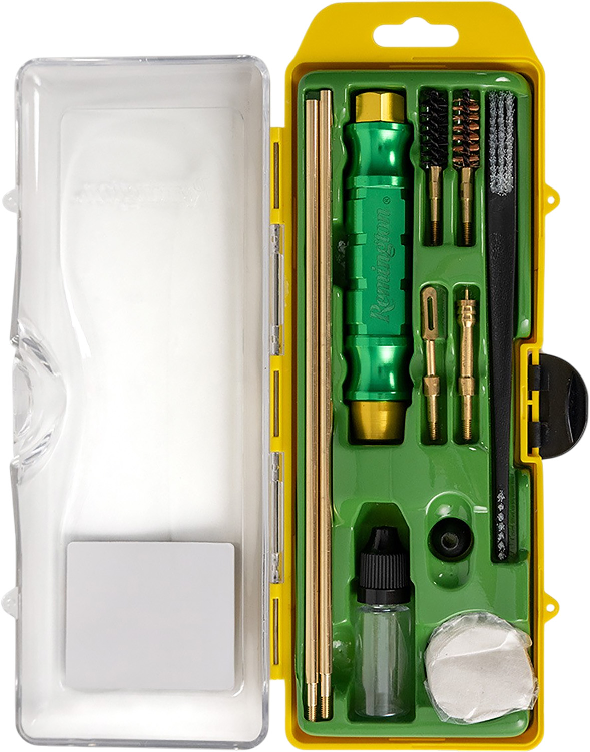 Gun cleaning kit in yellow plastic case