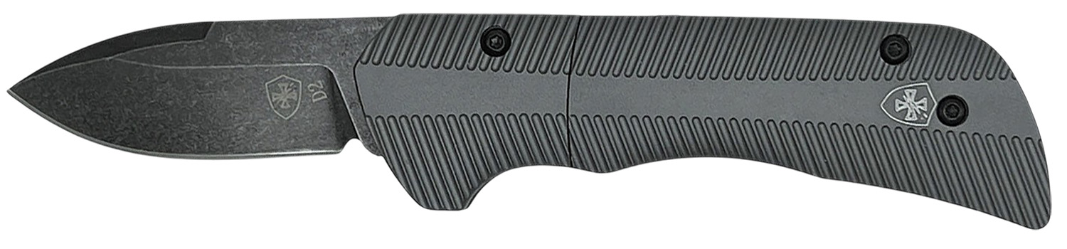 Gray folding pocket knife with textured handle