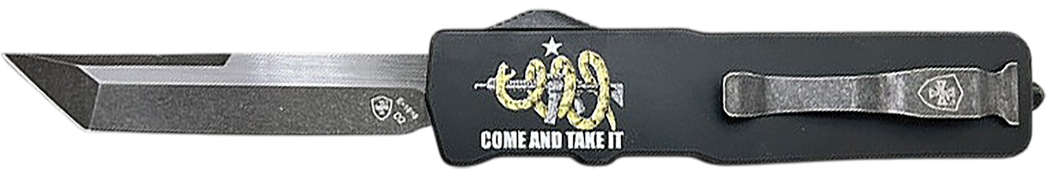 Black tactical knife with 'Come and Take It' graphic