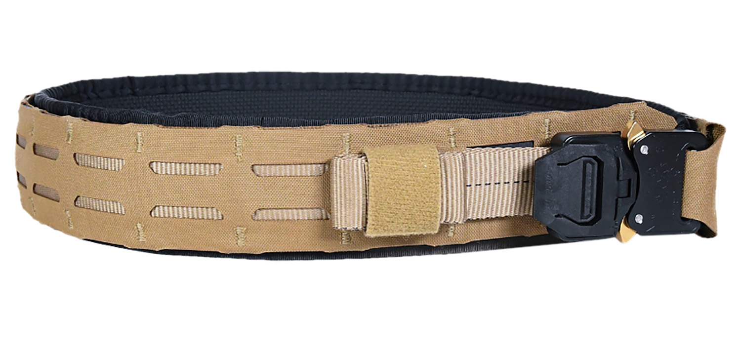 Tan tactical belt with MOLLE webbing and buckle