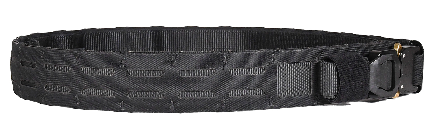 Black tactical belt with MOLLE webbing and buckle