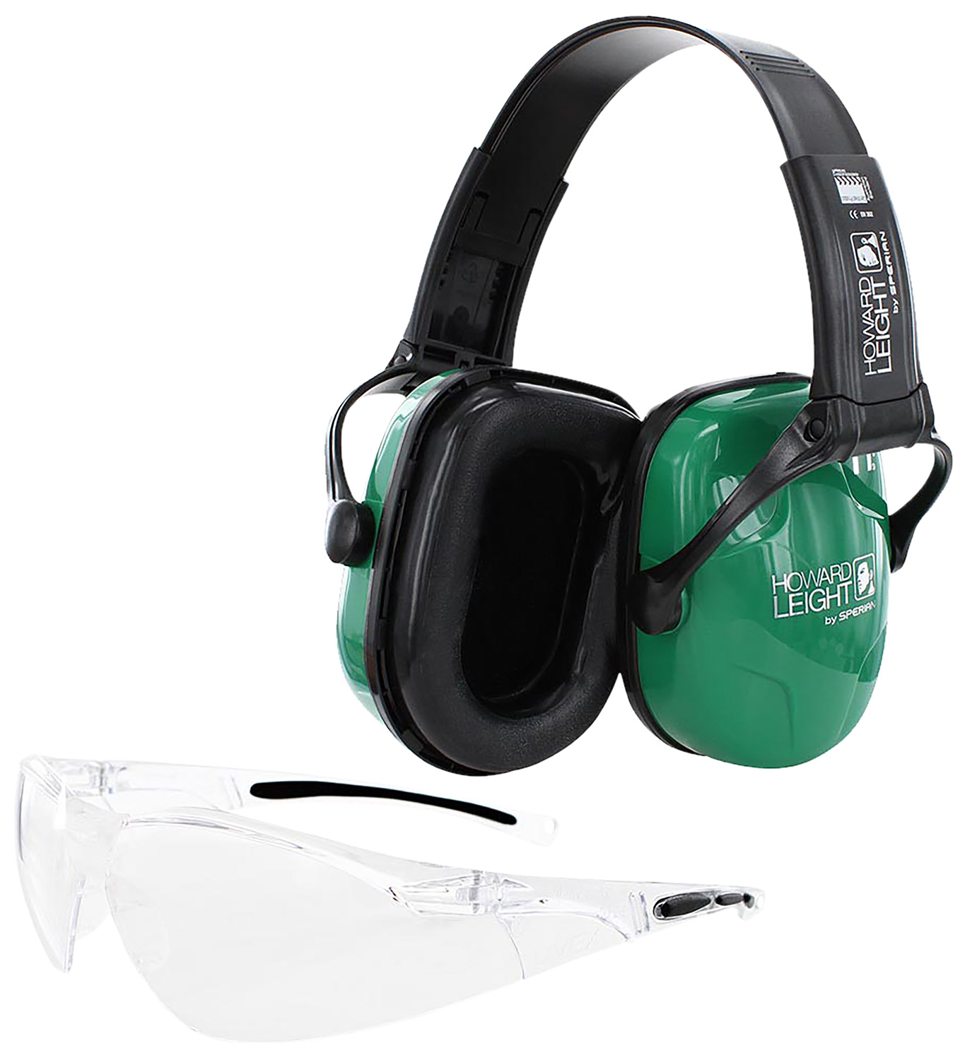 Green earmuffs and clear safety glasses