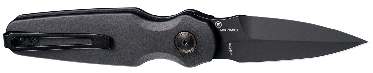 Black folding pocket knife with clip and blade