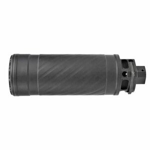 Black cylindrical firearm suppressor on white background