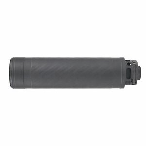 Black cylindrical firearm suppressor on white background