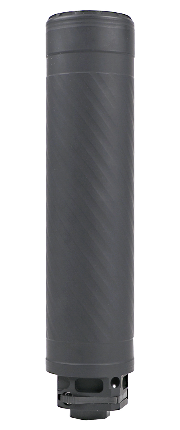 Black cylindrical firearm suppressor on white background