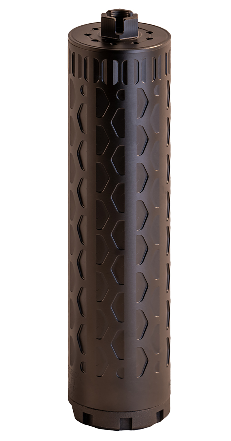Black cylindrical firearm suppressor with vented exterior