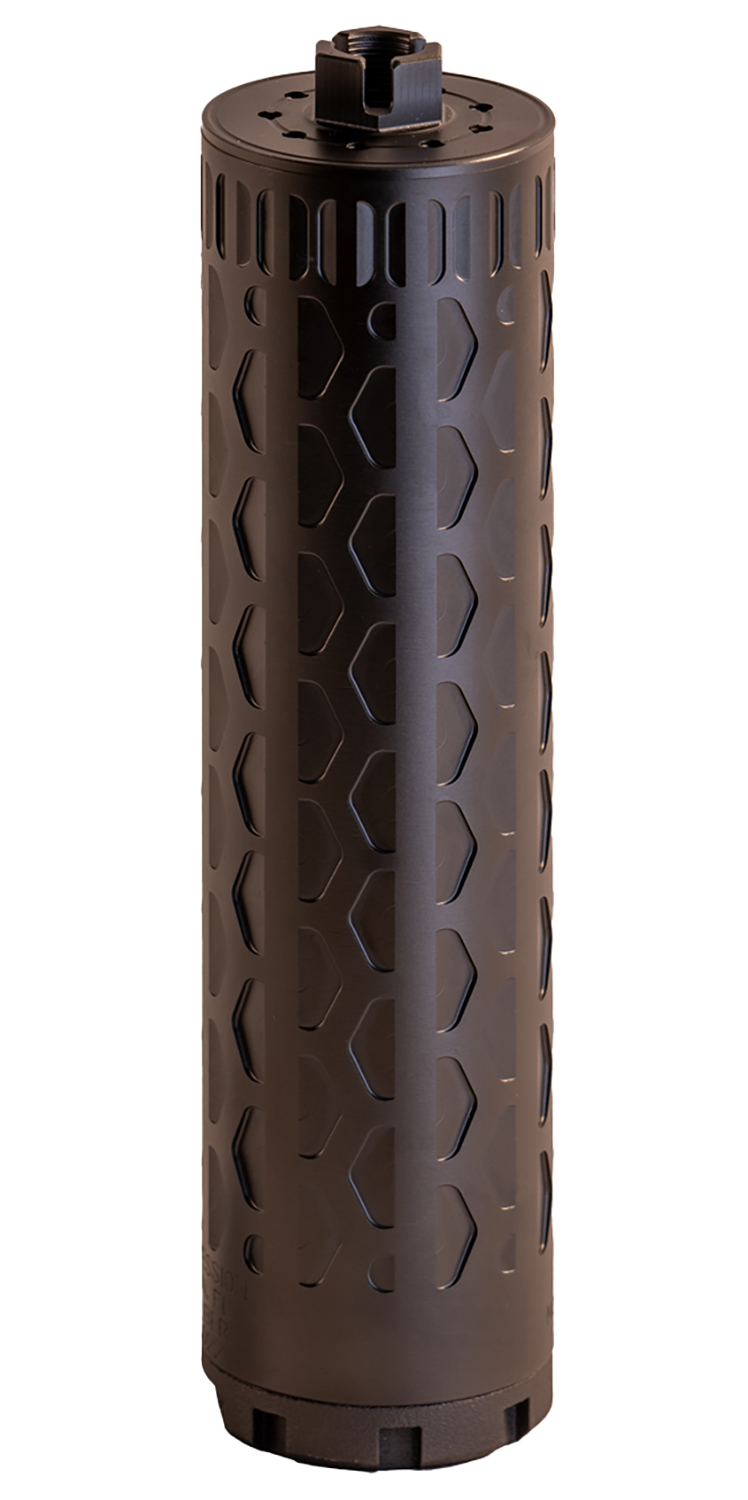 Black cylindrical metal suppressor with vented design