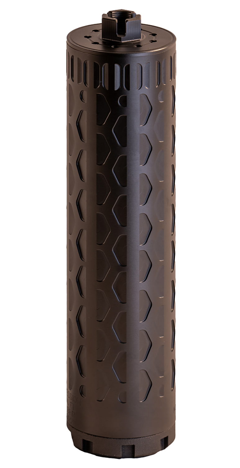 Black cylindrical metal suppressor with vented outer casing