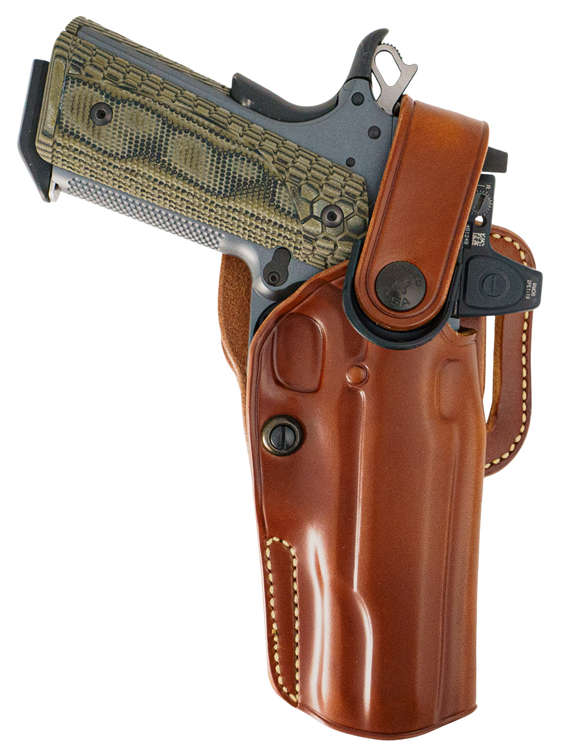 Handgun in brown leather holster on white background