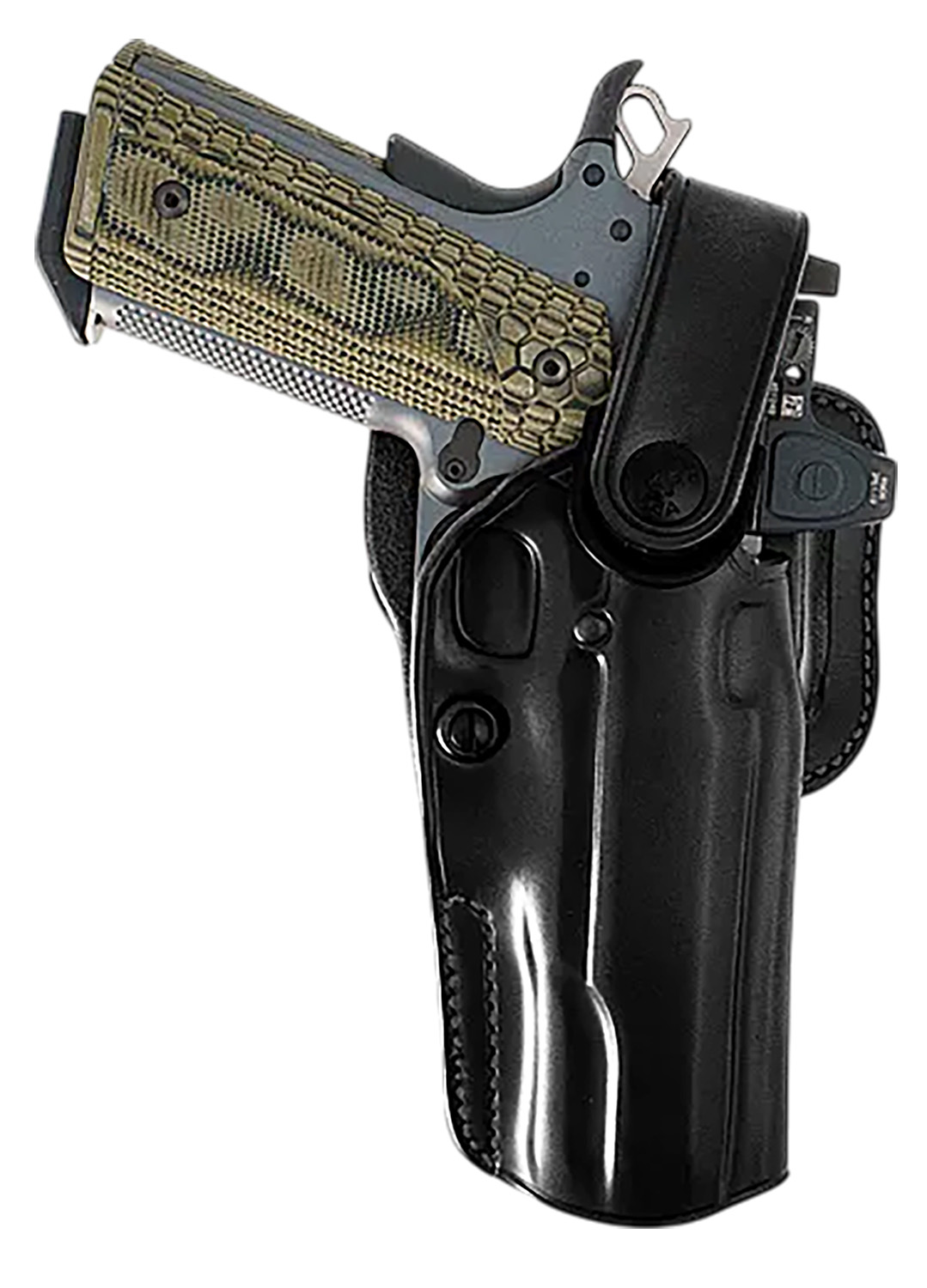 Handgun in black holster with textured grip