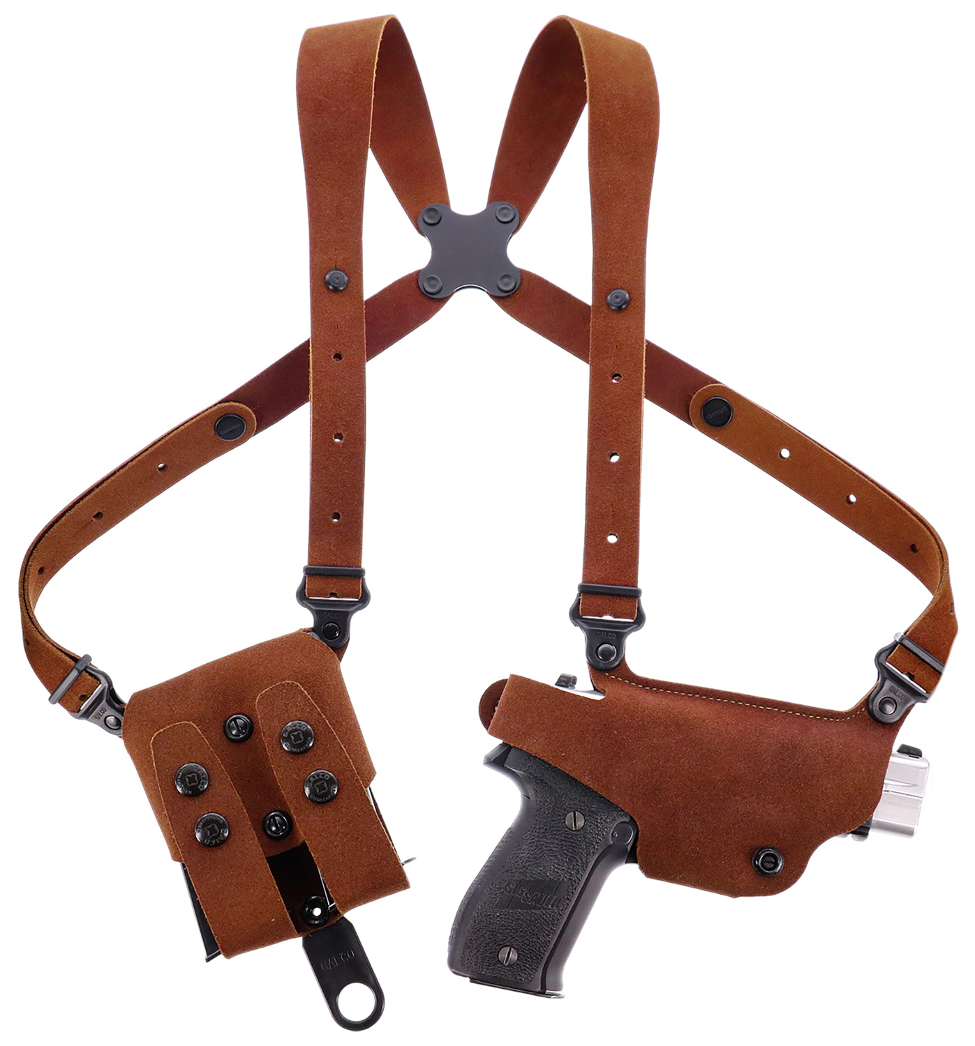 Brown leather shoulder holster with handgun and magazine pouch
