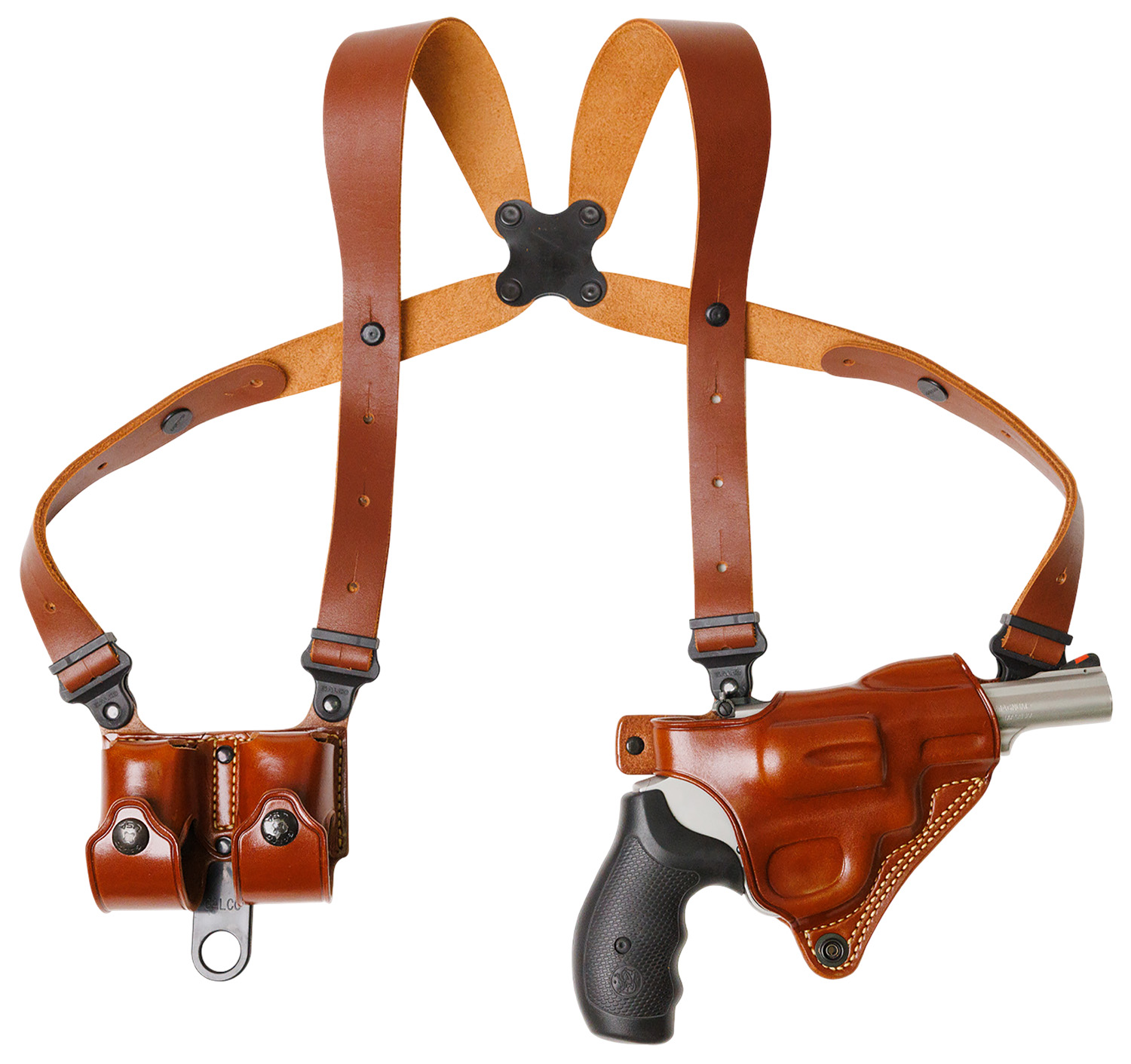 Brown leather shoulder holster with revolver