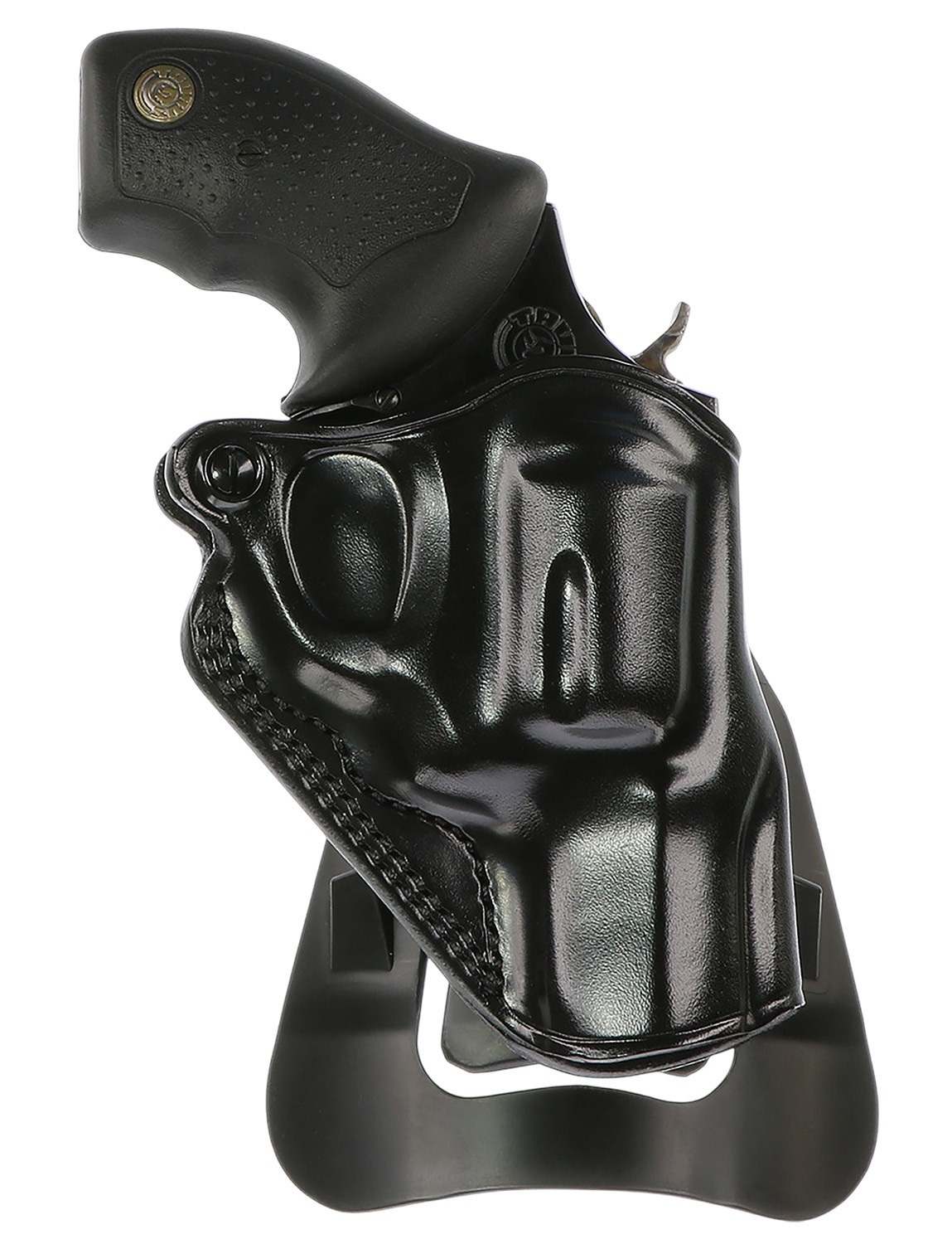 Revolver in black leather holster on stand