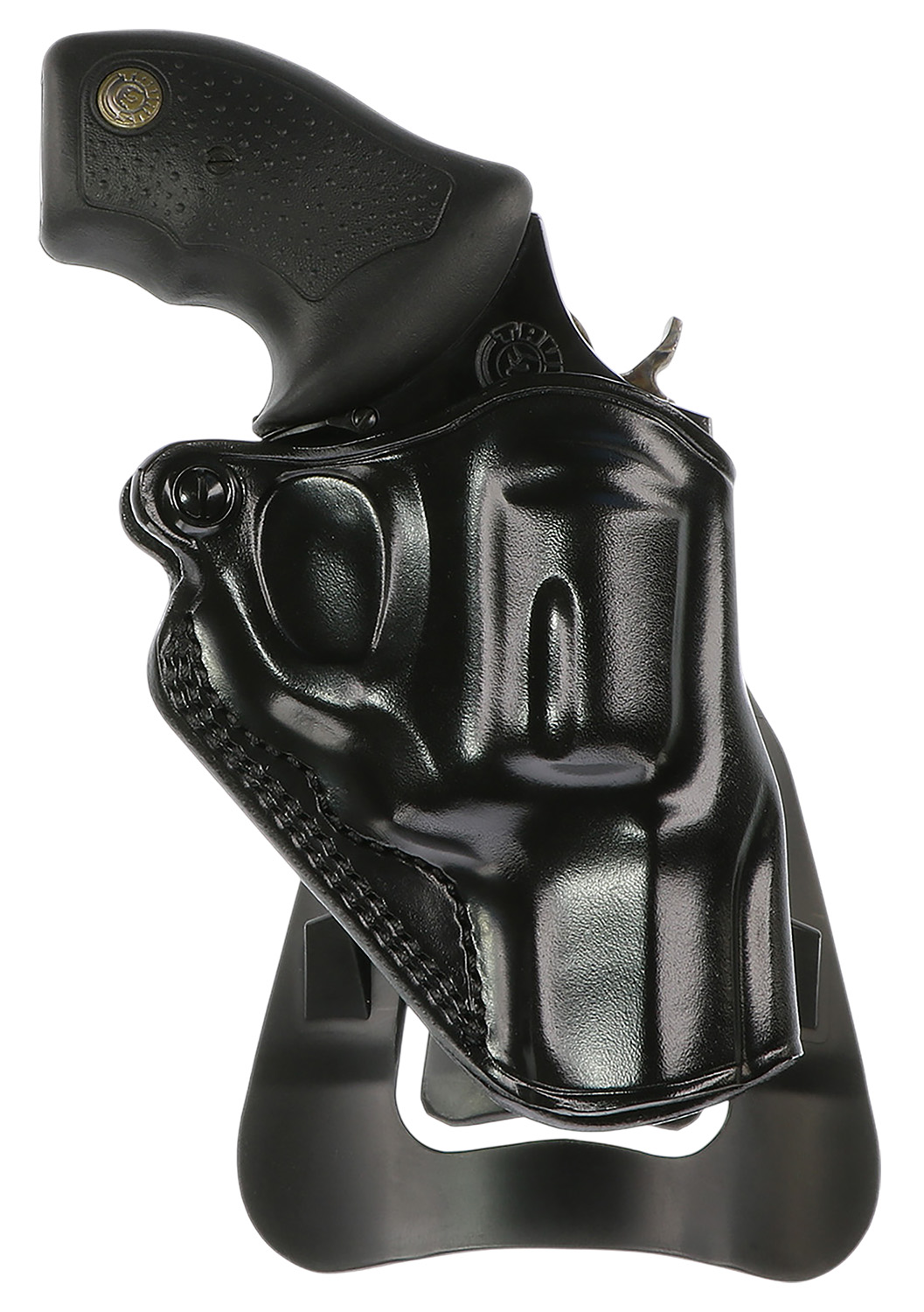 Black revolver in leather holster on stand